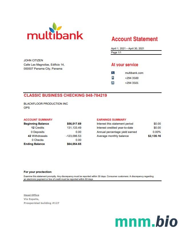 Panama Multibank szablon wyciągu bankowego w programie Word i PDF